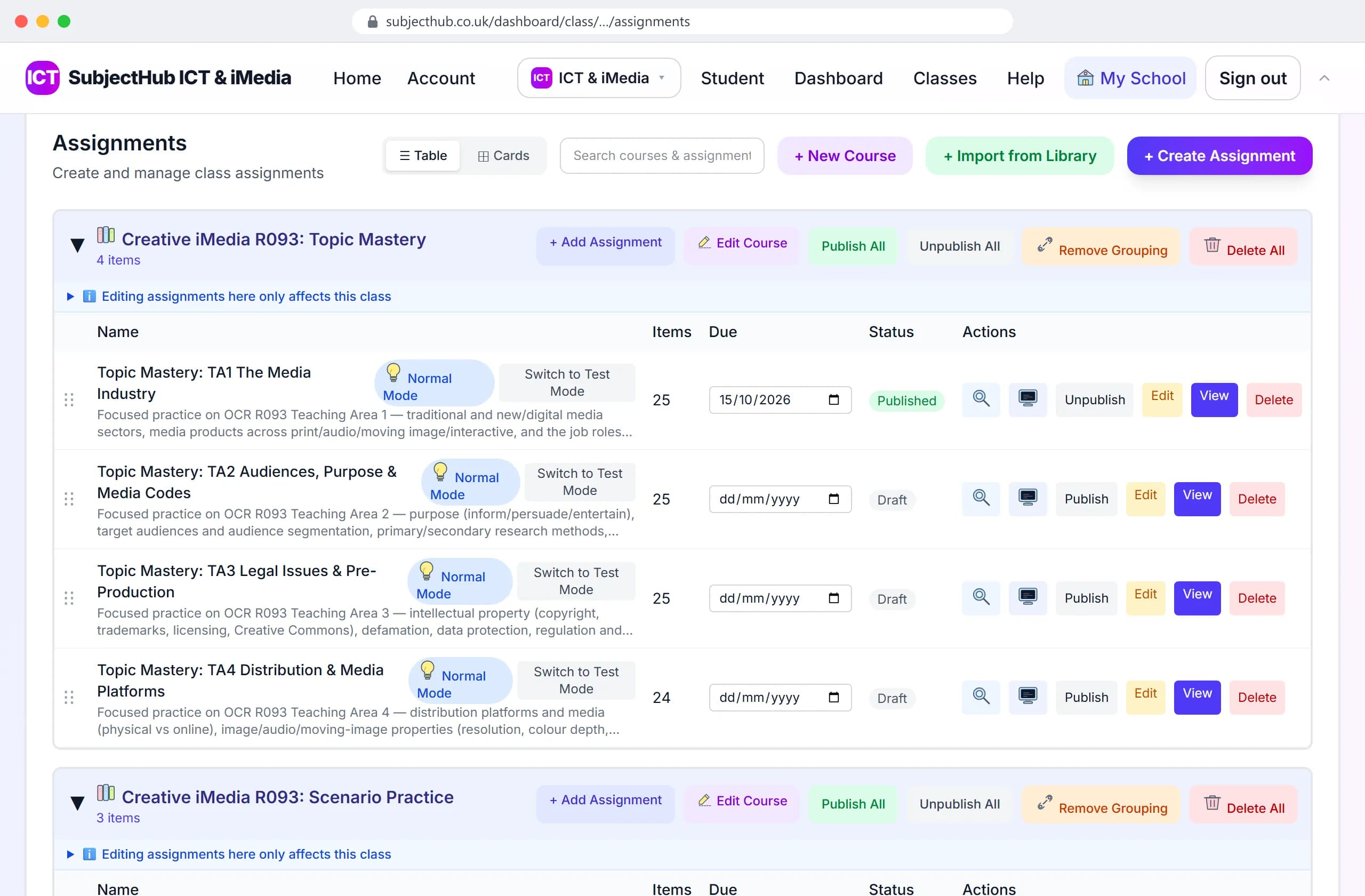 The class's Assignments tab: courses grouped, each assignment with its due date, published state, test-mode switch and preview.