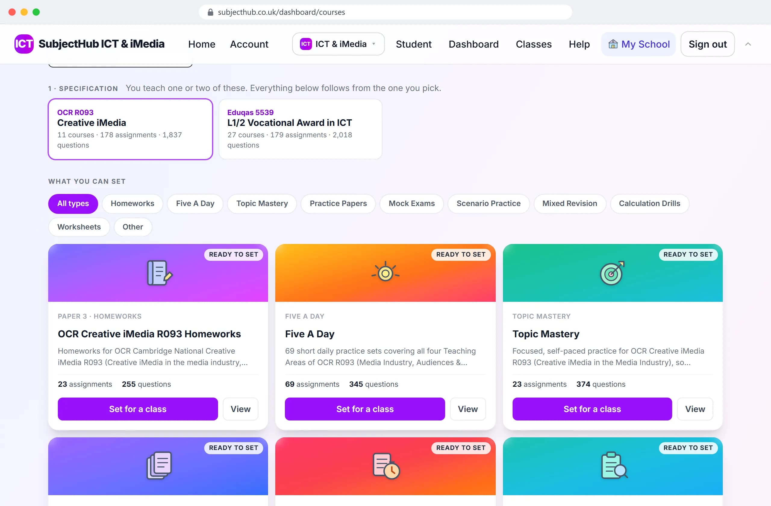 The teacher's course library for OCR Creative iMedia R093: homework, five-a-day, topic mastery, practice papers and scenario practice, each with its assignment and question count.