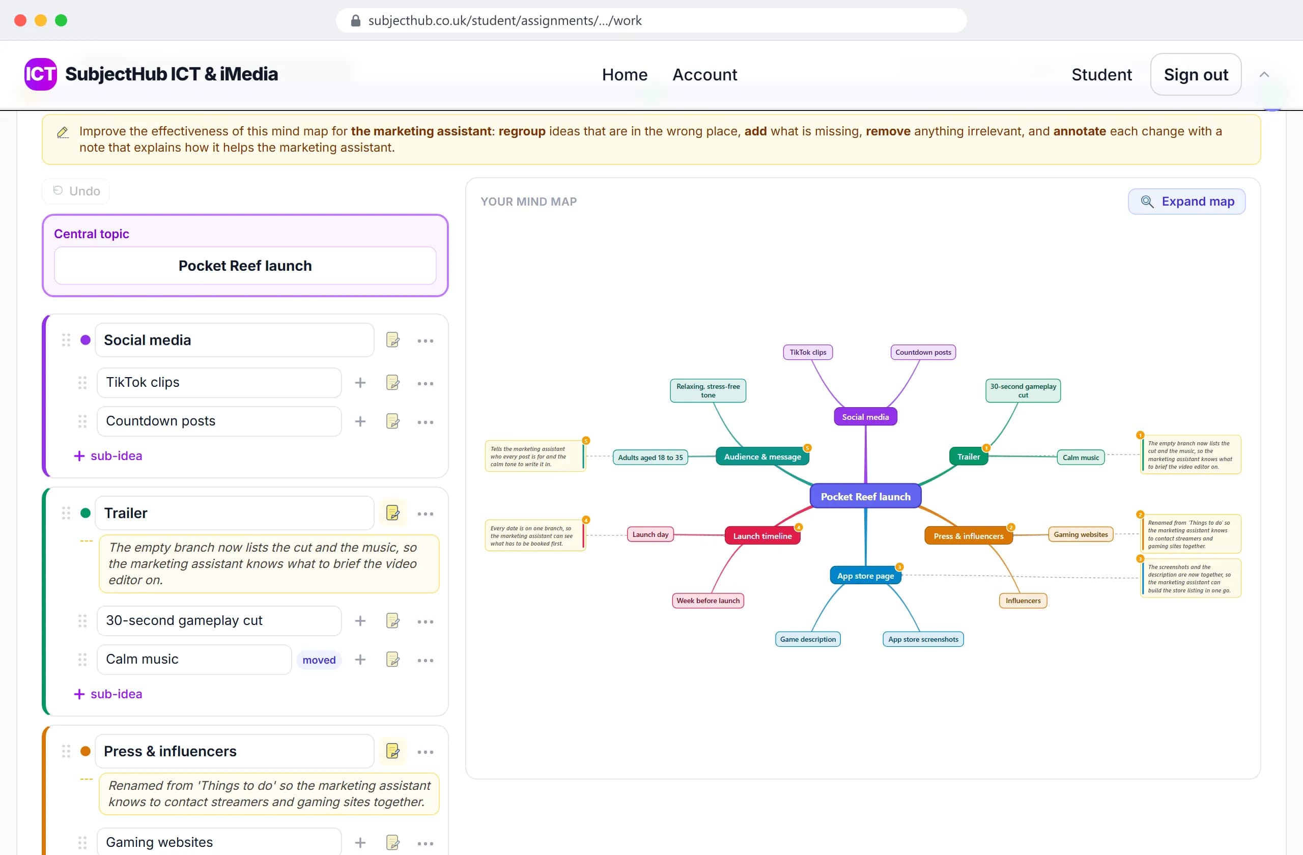 A pupil's improved mind map for a mobile-game launch: branches regrouped, sub-ideas added and notes on each change.