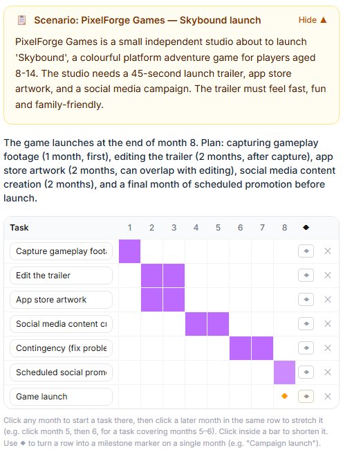 A work plan question on SubjectHub: the brief, then a month-by-month grid with a bar for each task, a contingency row and a launch milestone.